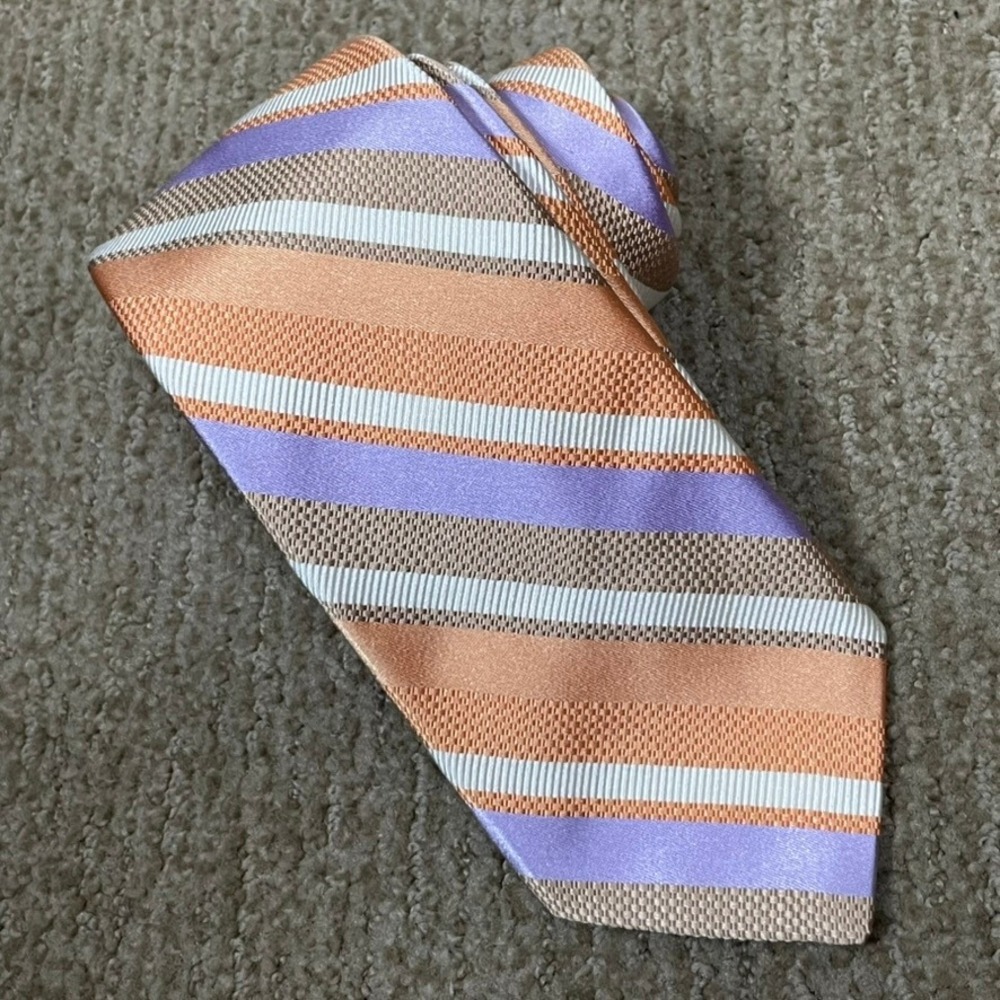 Ike Behar Necktie Repp Wedding Mens Orange Lavender Striped Silk Cotton Blend